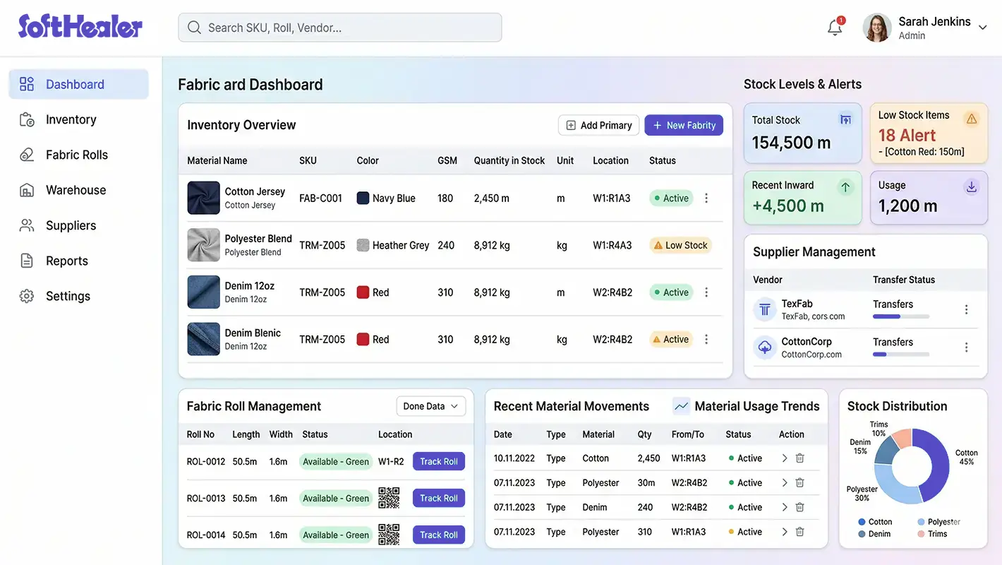 ERP dashboard tracking fabric inventory and stock levels