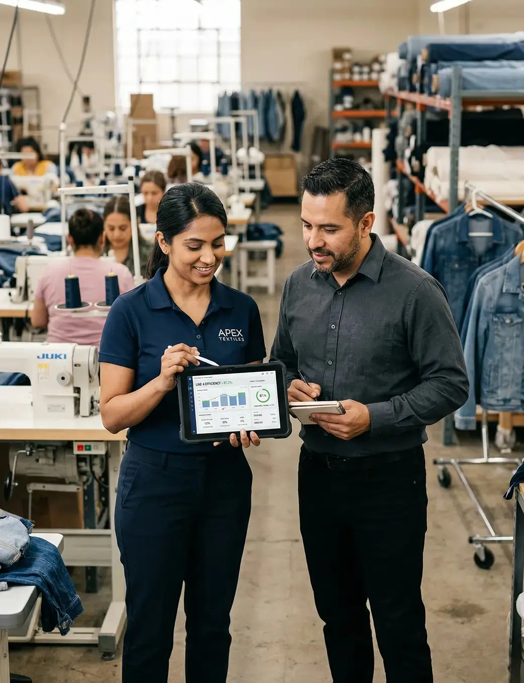 Factory staff using tablet to track garment production data