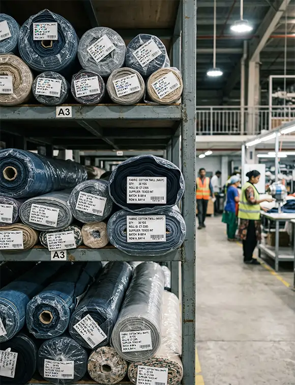 Fabric rolls stored in warehouse with workers in background