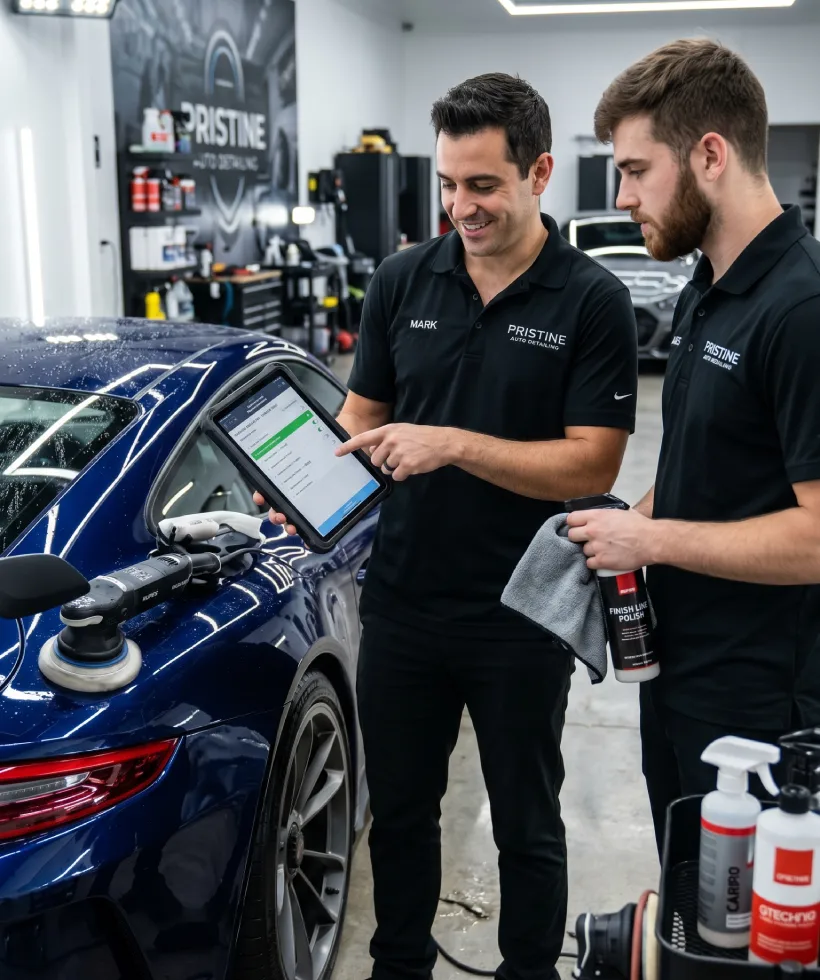 Staff using car wash software on-site
